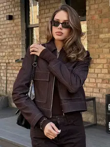 Women's Bomber Jackets Vintage Brown Denim-Look Jacket For Female Spring Lapel Collar Zip Up Cropped Outerwear Streetwear Women's Jacket Women's Long Sleeve Tops With Pockets