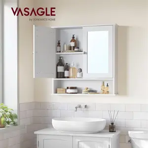 VASAGLE Bathroom Cabinet with Mirror, Wall Cabinet with 2 Mirrored Doors, Adjustable Shelf, Open Compartment, Wall-Mounted, 5.1 x 22.2 x 23 Inches