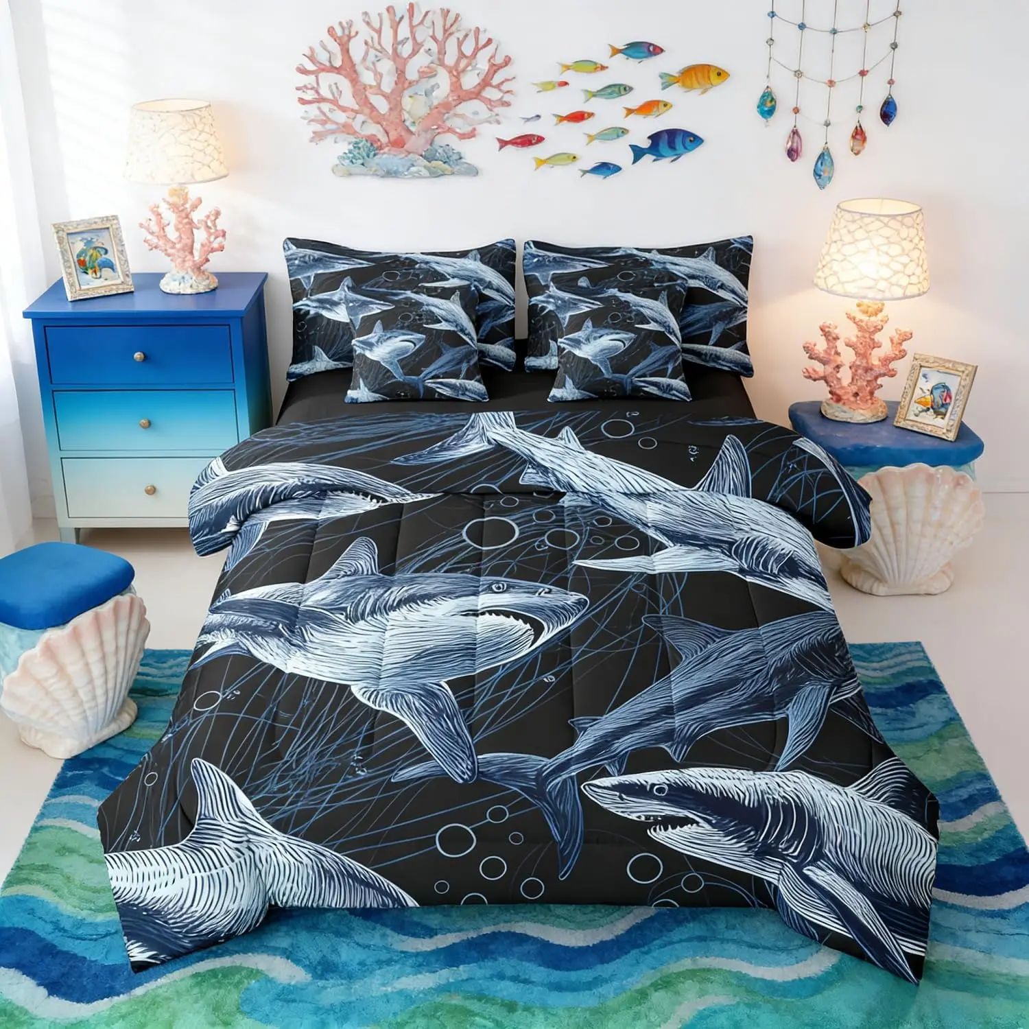 Shark Comforter Set Ferocious Shark Bed in A Bag 7 Pieces Underwater World Oasis Bed Set Sea Ocean Animal Bedding