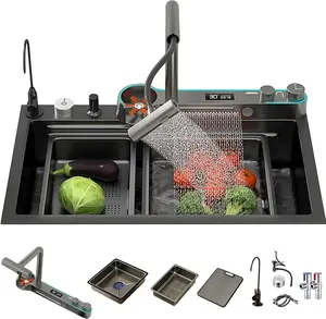 Bronstarz 29.5 Inch Kitchen Sink Undermount Workstation Single Bowl Stainless Steel Kitchen Sink LED Display Waterfall Faucet With Accessories