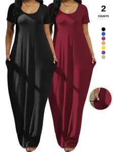 2026 Plus Size Women's Solid Color Dress, Sexy Round Neck Short-Sleeved Long Dress, European and American Summer New Arrival, Casual Style Womenswear