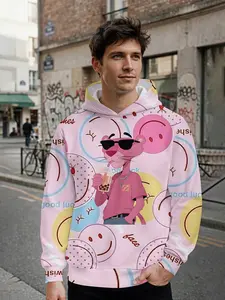 Men's hoodie with 3D digital print featuring pink cartoon leopard print and smiling face patterns, full-print design, eye-catching for daily outings and music festivals, an ideal holiday gift for men