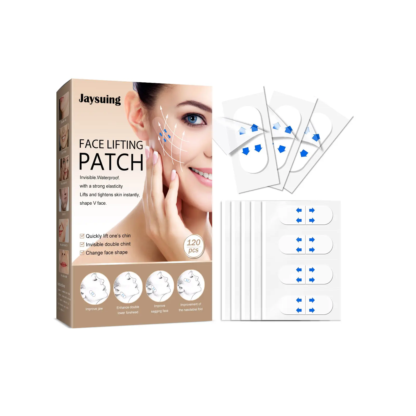 120 Pcs Face Lifting Patches for Instant V-Line, Invisible & Waterproof Tape with Hyaluronic Acid for Firming Jawline & Double Chin, Double Chin Stickers, Matte Patch, Cleansing, Firming/Lifting