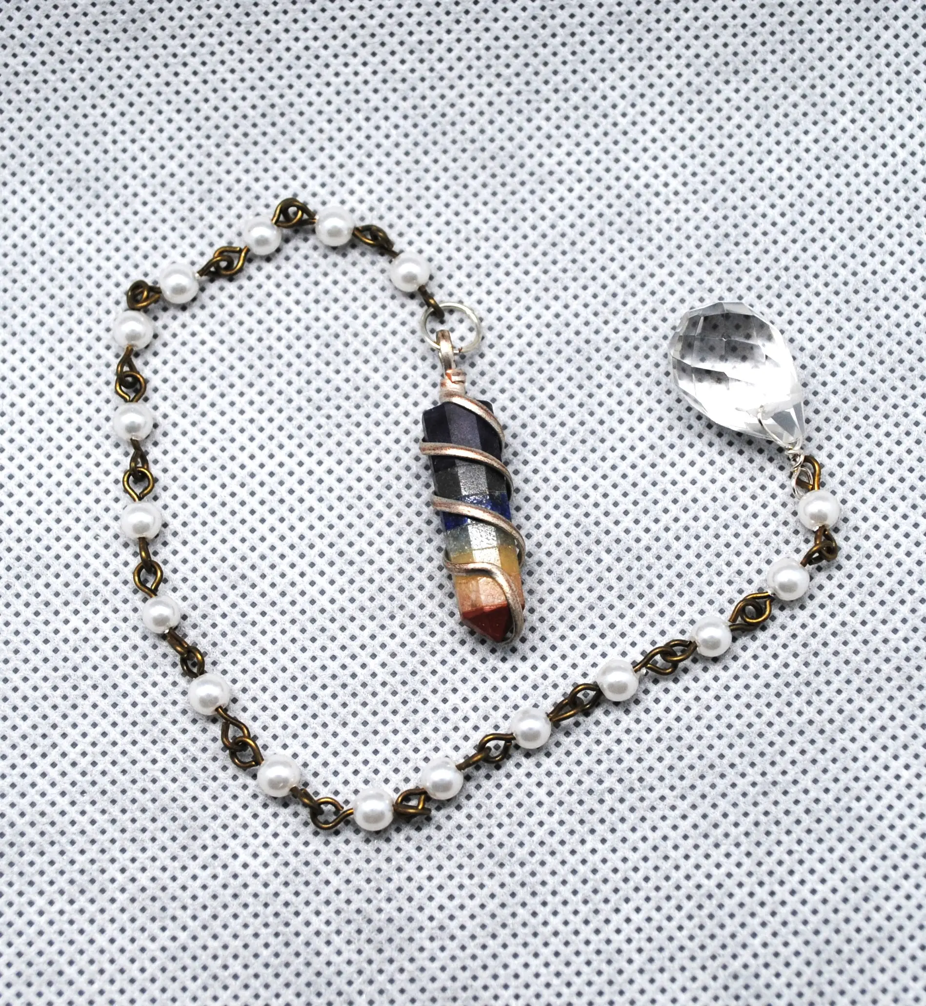 Chakra Pendulum with Crystal End Bead - Elegant Design with Seven Semi-Precious Stones & Pearl Antique Brass Chain for Spiritual Practices