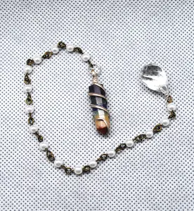 Chakra Pendulum with Crystal End Bead - Elegant Design with Seven Semi-Precious Stones & Pearl Antique Brass Chain for Spiritual Practices