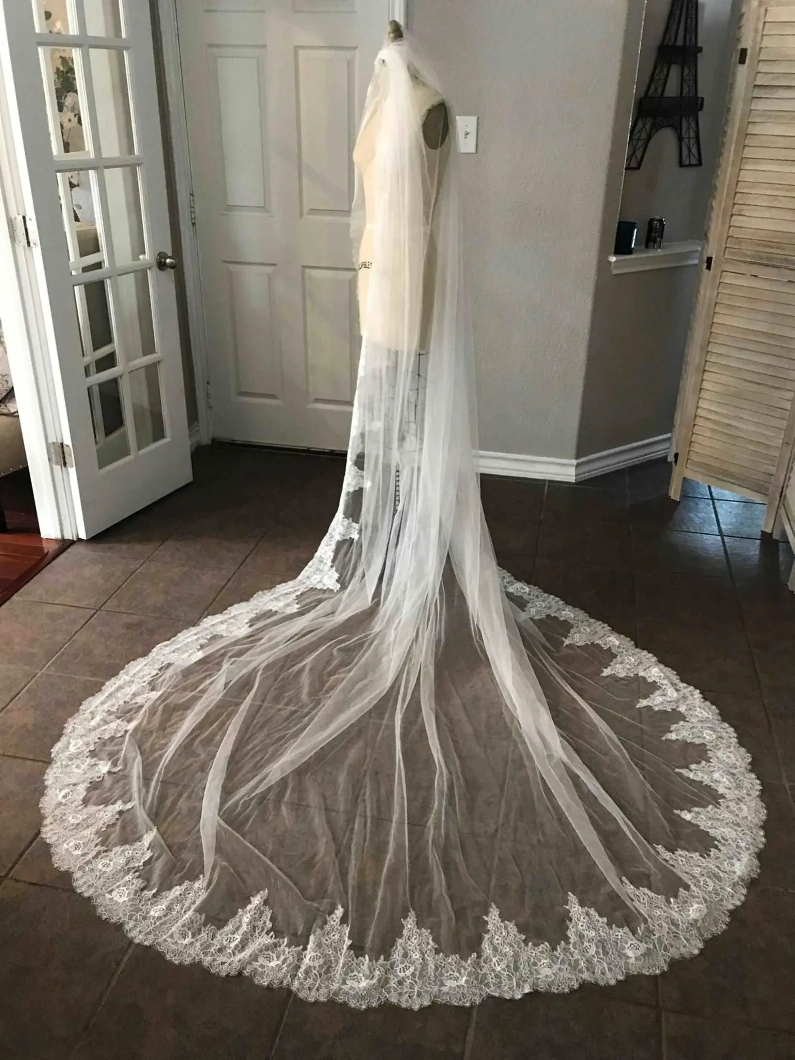Chantilly Lace Edge Cathedral Bridal Veil - Lace Drop, Trailing Veil for Wedding Wear, Lace Drop Veil