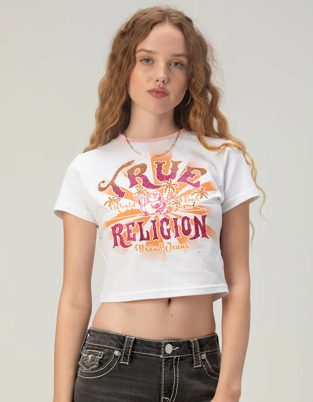 TRUE RELIGION Crystal Logo Womens Baby Tee