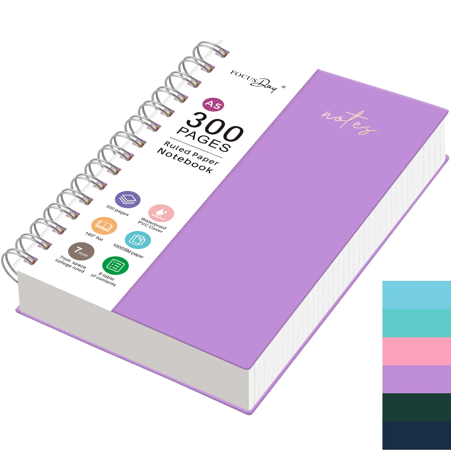 A5 Hardcover Spiral Notebook Journal, 300 Pages College Ruled, 100GSM No-Bleed Thick Paper, PVC Waterproof Cover, Transparent Inner Pocket, 5.7"x8.3", for School & Office Use