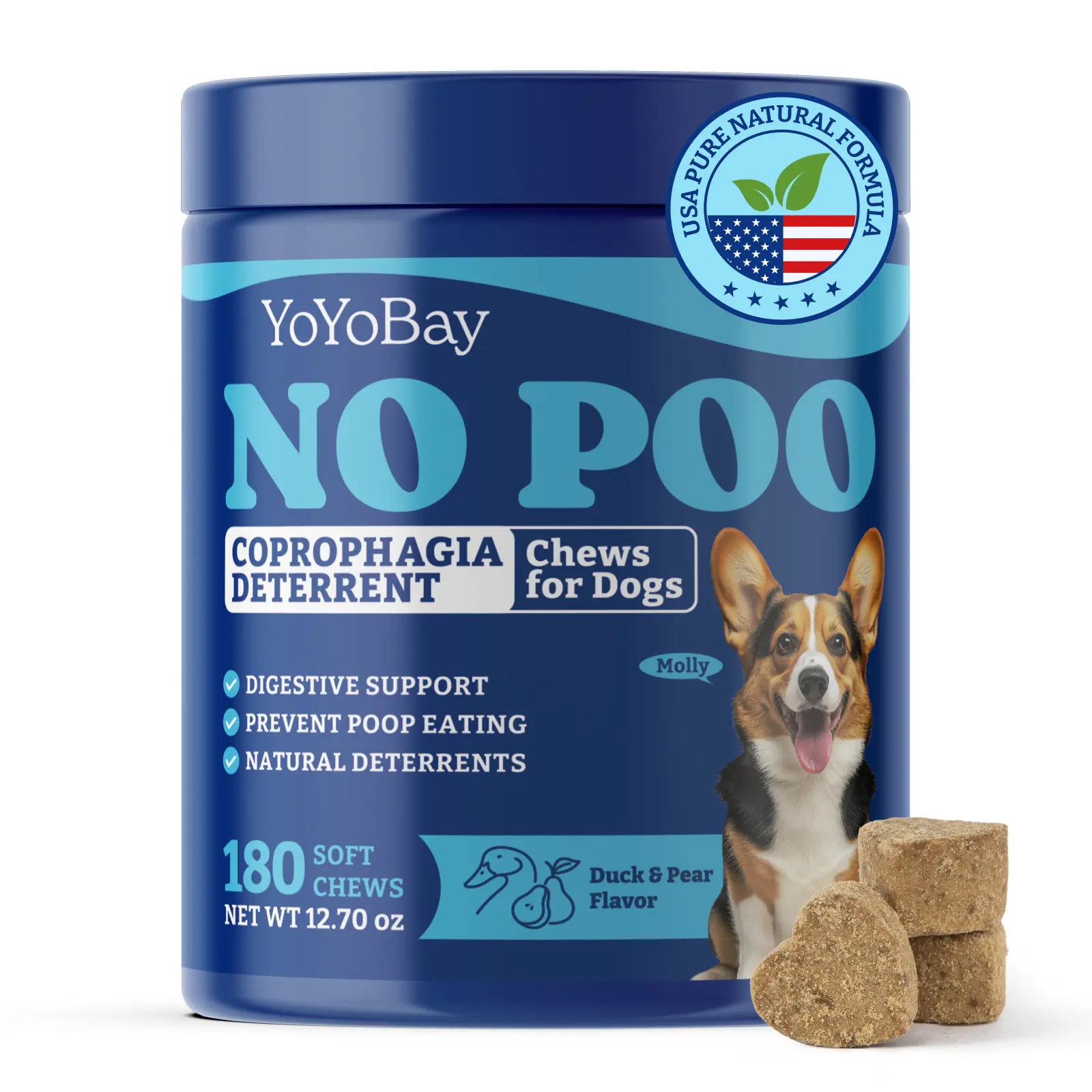 YoYoBay No Poo Chews for Dogs, Coprophagia Deterrent, Stool Eating Deterrent - with Probiotics, Fiber Blend, Natural Deterrent - Digestive Health & Immune Support - 180 Soft Chews, Duck & Pear Flavor