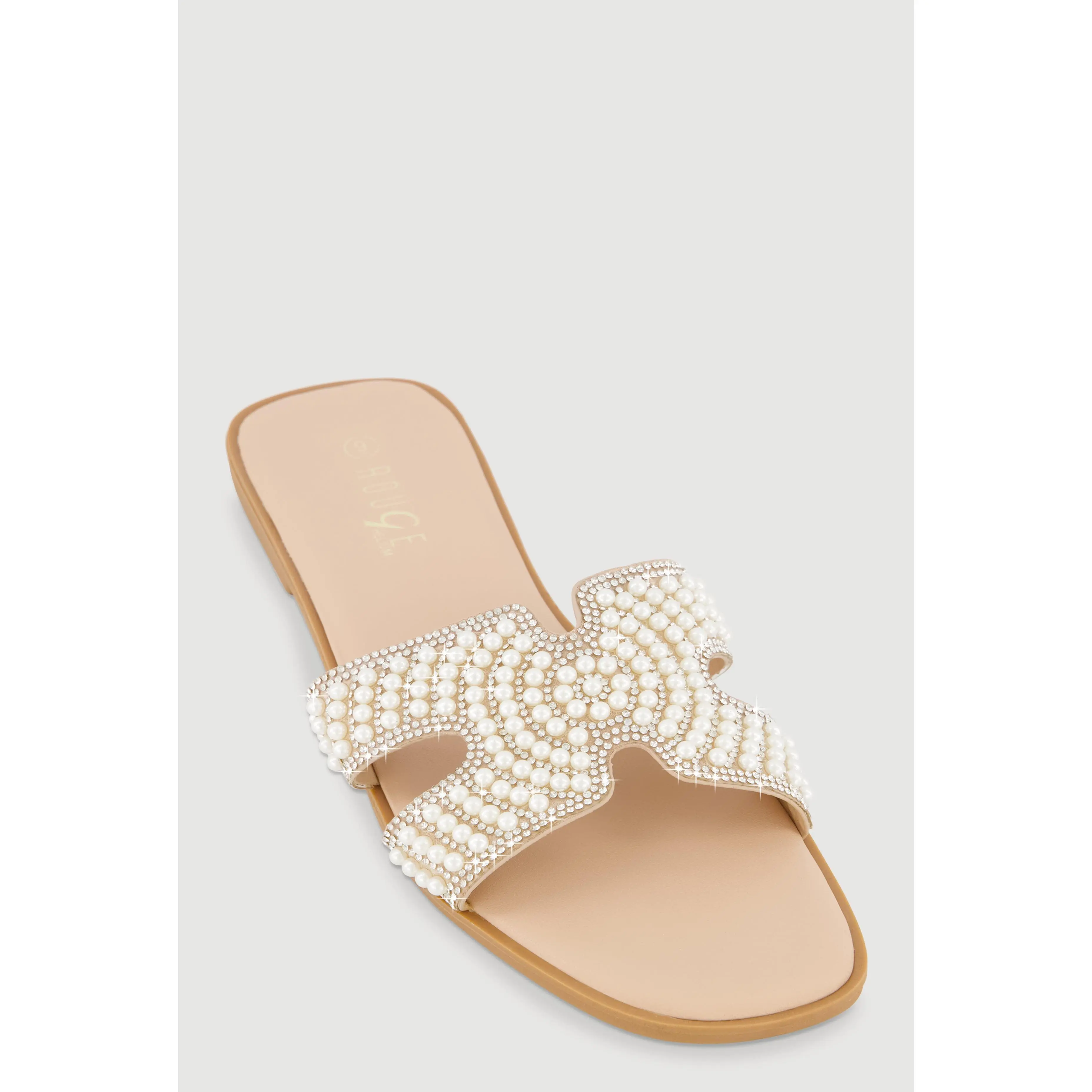 Faux Pearl H Band Slide Sandals with Rhinestones