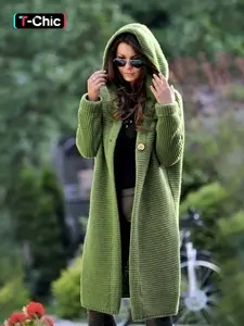 Women's Plain Textured Drop Shoulder Long Hooded Cardigan, Casual Long Sleeve Buttons Knit Outerwear For Fall & Winter, Women's Clothing For Daily Wear, Womenswear