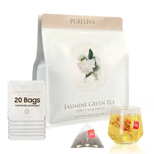 PURELIVA Jasmine Green Tea Premium Tea Bags, 20 servings. An invigorating jasmine green tea made with a natural blend of jasmine, green tea, and other ingredients. Helps increase energy, relieve the effects of alcohol, and support everyday health.