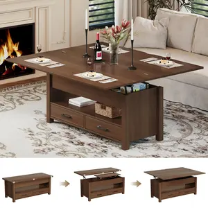 Garvee Convertible Lift Top Coffee Table – 40'' Split Gas Mechanism, Wooden Center Table with 2 Storage Drawers & Hidden Compartment – Modern Space-Saving Tabletop, Living Room, Farmhouse Design