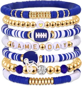 Game Day Bracelets for Women - Red, Black, Blue Heishi Clay Beaded Stretch Bracelets - Stackable Sports Charm Bracelet Bangles - Football Mom Accessories & Outfits Jewelry Gifts