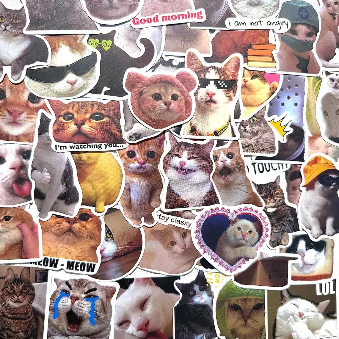 50-Piece Vinyl Cat Stickers Pack, Funny Kitty Decals, Meme Animal Stickers for DIY Scrapbooking & Stamping