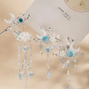 Retro Hanfu Hair Clip Blue Bead Butterfly Tassel Hair Stick For Women Chinese Wedding Accessories Vinatge Party Headwear Jewelry