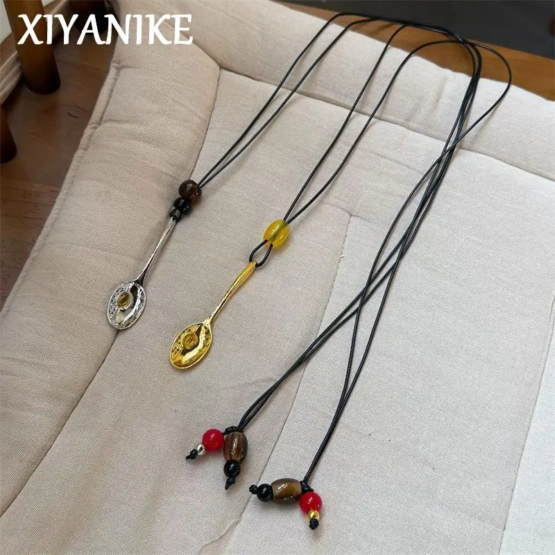 Vintage Unique Spoon Long Necklaces For Women Fashion New Sweater Rope Chain Jewelry Gift Party collares para mujer