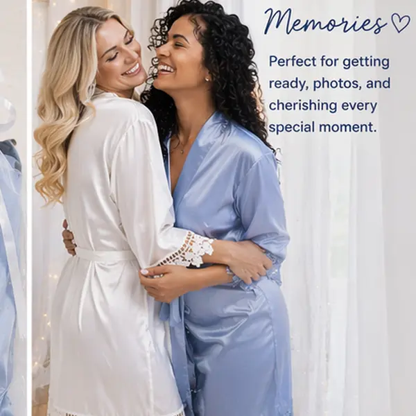 Taniri Women's Cute Soft Silky Satin Bridesmaid Bathrobe - Longsleeves, Adjustable Belt, Lace Trim, Plain Fabric, Loose Fit, Elegance Design, Plus Size & Kids' Sizes, All Seasons, Bridal Party Use, Matching Organza Gift Bag, Bottoms-Inclusive Loungewear