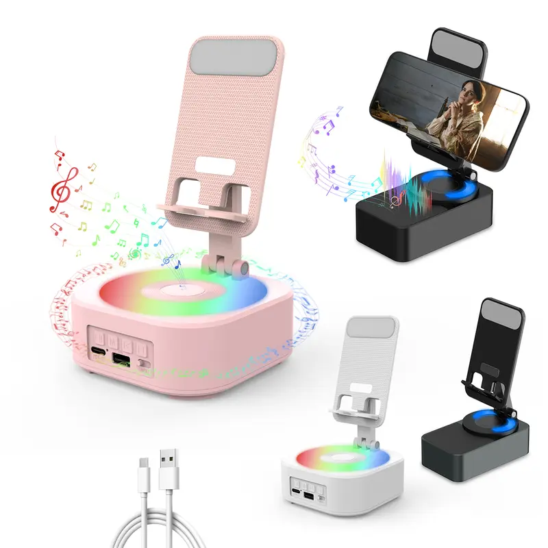 MEKO Portable Bluetooth Phone Holder Speaker - 4-in-1 Gadget with 300° Foldable Silicone Base, LED Light, Built-in Batteries, USB Music Playback, Phone Stand, 4-13” Device Compatibility (iPhone, Android, Tablets), Facetime Support, Father’s Day Pink Gift