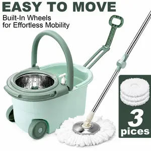46"Spin Mop and Bucket Set with Wheels, 360° Self-Wringing Mop System with Stainless Steel Handle, 3 Reusable Microfiber Mop Heads for Hardwood, Tile & Laminate Floors african broom Retractable Sunflower Flexible