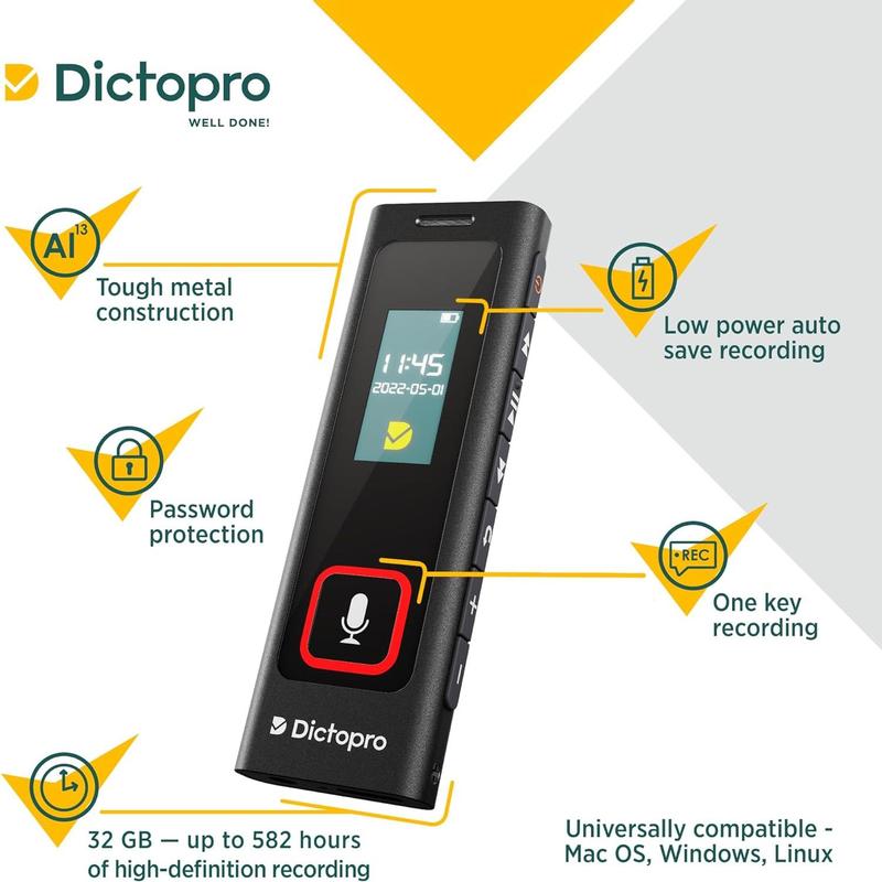 Dictopro X200 Digital Voice Recorder - Portable and Durable Metal Construction - Audio Microphone Automatic