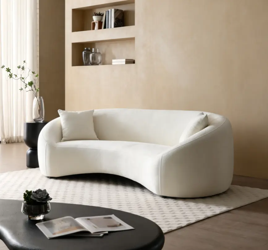 93.31 Inch White Minimalist 3-Seater Curved Cloud Sofa, Soft Chenille Velvet Upholstered Couch with Tight Curved Back, Trendy Elegant Furnishing for Living Room Apartment Office Interior Decor