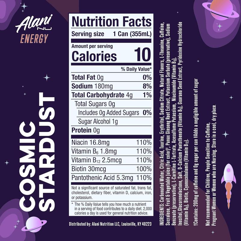 Alani Nu Sugar Free Energy Drink – Cosmic Stardust – 200mg Caffeine, Zero Sugar, Low Calorie, B Vitamins & Biotin – 12 Fl Oz Cans – 24 Pack