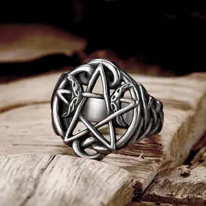 GTHIC Vintage Viking Pentagram Moon Celtic Knot Stainless Steel Ring for Men Women Statement Jewelry