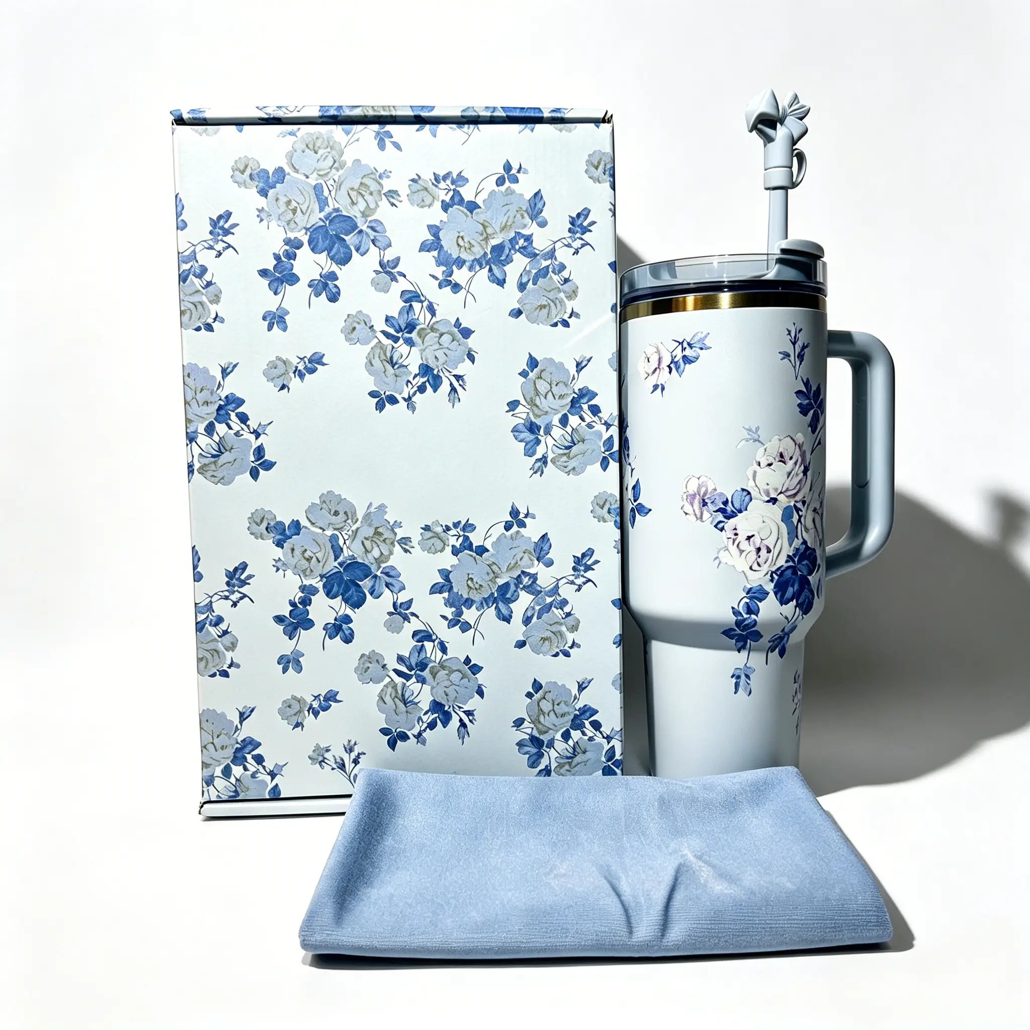 Floral Insulated 40oz Tumbler with Handle & Straw, Leakproof Stainless Steel Car Cup for Water, Coffee, Iced Drinks