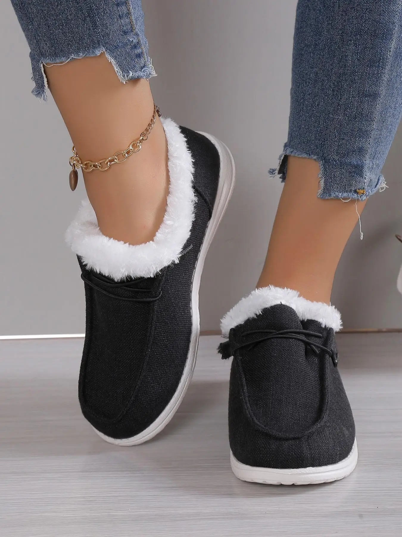 Women's 2024 Fashion Contrast Faux Fur Design Slip-on Shoes, Casual Comfortable Warm Thermal Lined Sports Shoes for Fall & Winter, Lace Up Front Winte