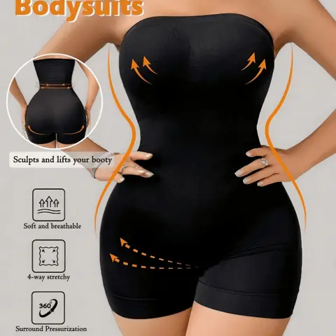 1-Piece Women's Strapless Seamless Shapewear, Snatched Shapewear Bodysuit, 360° Full Compression, Butt Lifting & Tummy Control, Firm Support No-Show Bodysuit, Soft Breathable 4-Way Stretch, Black