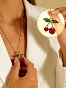 Cute Fashion Crystal Cherry Copper Pendant Stainless Steel Necklace, Valentine's Day Gift Jewelry for Women, All Seasons Wear