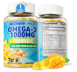Vegan Omega-3 Gummies 1000mg + Turmeric - Omega 3 Fish Oil Alternative for Adults - Algae DHA 600mg & EPA 300mg, Vitamins A, C, E, Zinc & MSM, Sugar Free, 60 Cts