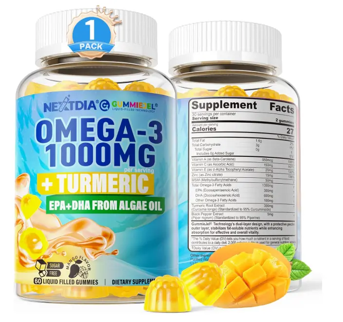 Vegan Omega-3 Gummies 1000mg + Turmeric - Omega 3 Fish Oil Alternative for Adults - Algae DHA 600mg & EPA 300mg, Vitamins A, C, E, Zinc & MSM, Sugar Free, 60 Cts