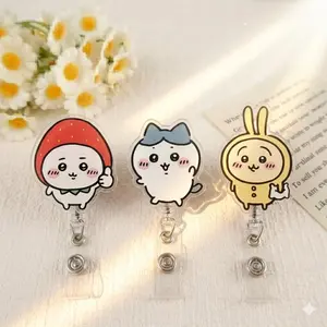 Kawaii Chiikawa Hachiware Usagi Retractable Badge Reel Cute Food Apple Strawberry Acrylic ID Holder For Nurse Student Teacher Gift Accessory