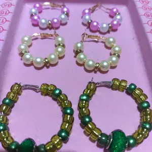 Colorful Beaded Hoop Earrings Set - Pink, White, Green & Gold Beads - Fashionable Jewelry for Women
