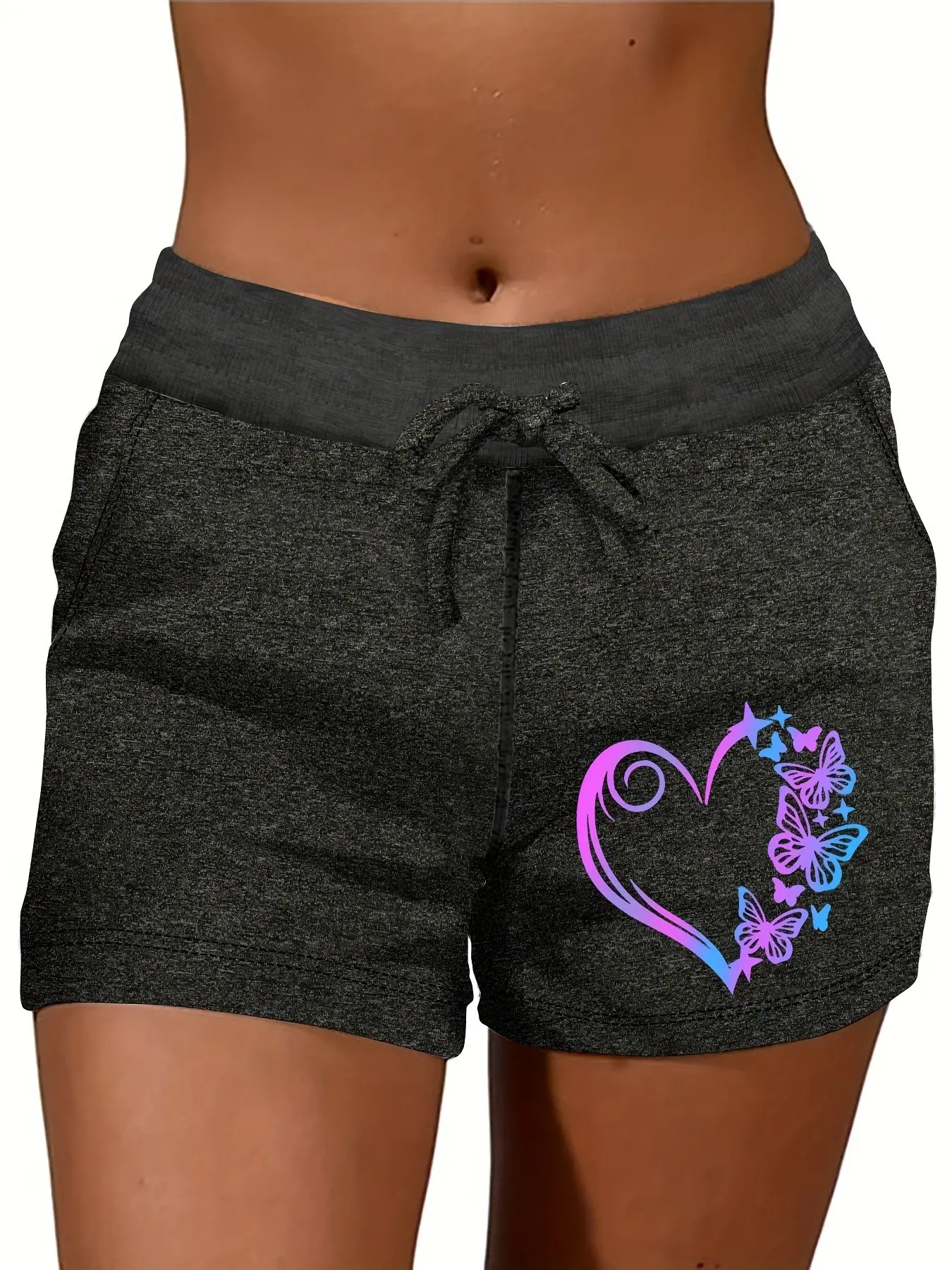 Heart Print Drawstring High Elasticity Polyester Casual Comfy Shorts, Women's Comfortable Boho Stretch Waist Shorts, Bohemian Style Loose-Fitting Regular-Leg Trousers, Drawstrings Shorts, Drawstring Waistband Shorts
