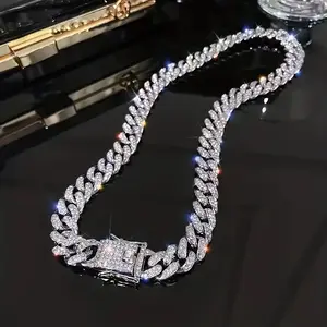 Iced Out Shiny Rhinestone Cuban Chain Necklace/Bracelet Bling Bling Zinc Alloy Jewelry