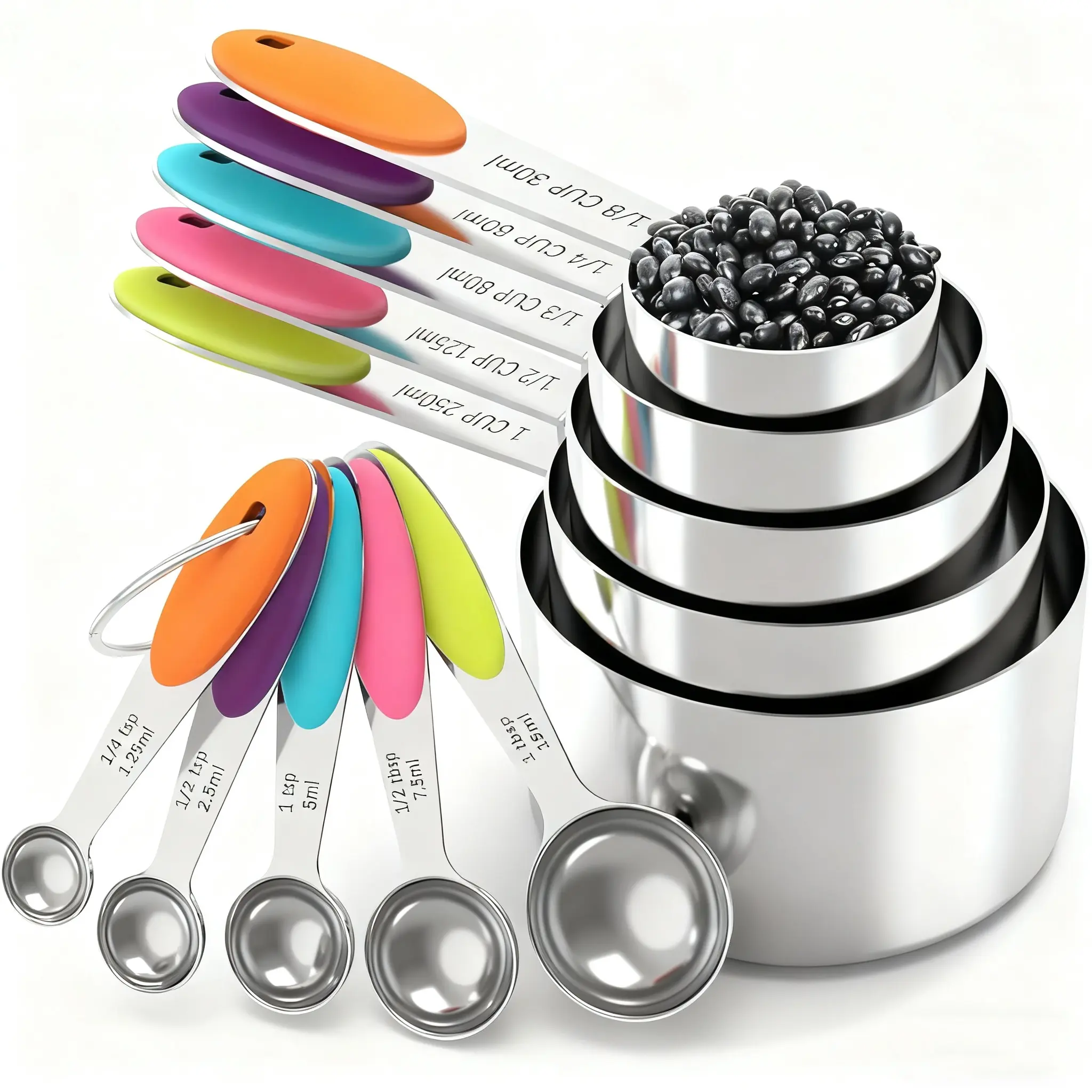 Stainless Steel Measuring Utensils Set - 5-Piece Spoons, 10-Piece Spoons & Cups with Silicone Handles, Precise Tools for Cooking, Christmas Baking Essentials