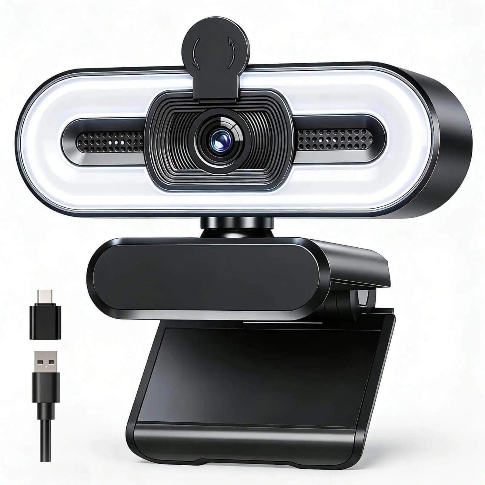 4K Streaming Webcam for PC Laptop, PC Monitor Camera with Touch-Control Fill Light (3 Color Temperatures, Stepless Brightness), Noise Reduction Mic, Privacy Cover, USB-A to USB-C Adapter, 79° Wide Angle, Plug & Play for Video Calls, Online Classes, Usb Ad
