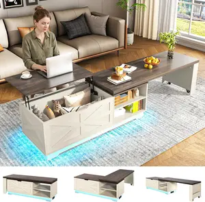 57"-89" Large Lift Top Coffee Table W/Power Outlet,90°/180° Rotation Coffee Tables W/6000-Colors LED Lighting,Farmhouse L-Shaped Extend Coffee Table W/Hidden Storage Compartment for Living Room(Brown/Vintage White)