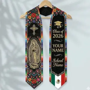 Personalized Mexican Graduation Stole 2026, Virgen de Guadalupe Floral Sash, Custom Name School Stole, Mexican Grad Gift