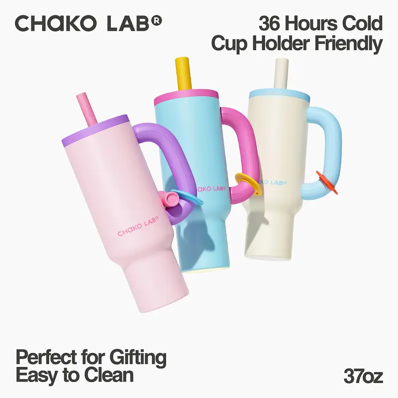 CHaKO LAB BaWangCup 37oz (1050ml) BPA-Free Stainless Steel Ceramic-Lined Vacuum Flask - ABS Material, Disassemble Design, Colorful Silicone-Enhanced Portable Iced Coffee Tumbler with Built-In Straw, Car-Stable Insulated Coffee Thermal Cup for Adults