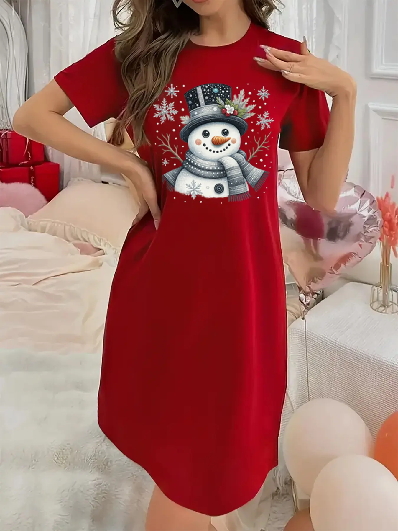 Soft and Slightly Stretchy Women's Underwear Snowman Snowflake Pattern Short Sleeve Crew Neck Nightgown, Sexy Elegant Youthful Women's Christmas Dress, Perfect for Halloween, Christmas, and Thanksgiving Gifts