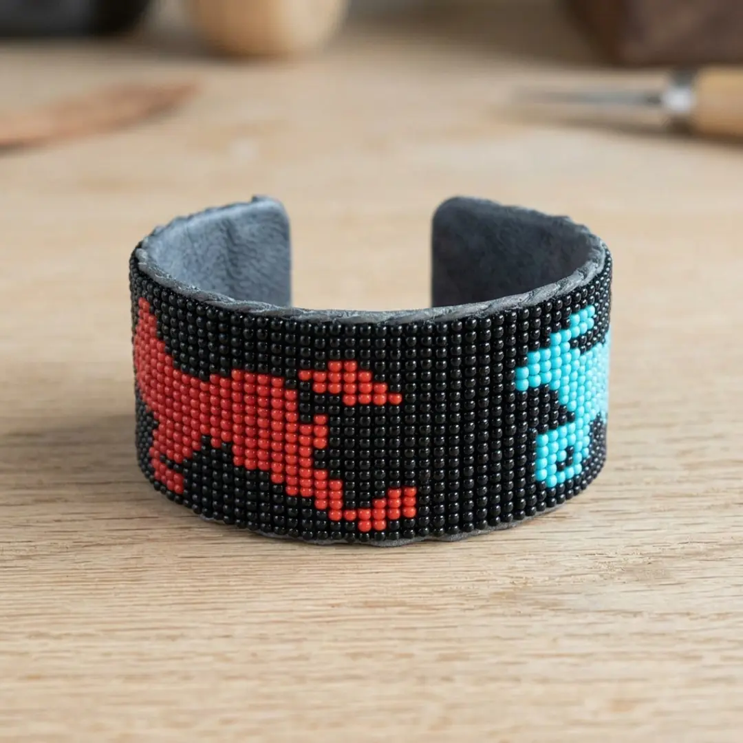 Handmade Beaded Leather Cuff Bracelet, Multicolored Native Horse Design Hard Bangle