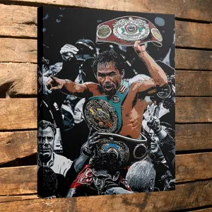 1 Piece Manny Pacquiao Boxing Champion Black and White Celebration Canvas Painting - With Champion Belt - Men's Cave, Gym, Office Decoration - Sports Victory Decoration - High-Quality Artwork, 2D Flat Frame Painting
