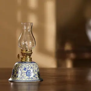 and Porcelain Oil Lamp, Ceramic Candle Holder for Altar, Decorative Tabletop Light, Vintage Metal Finish, No Power Needed