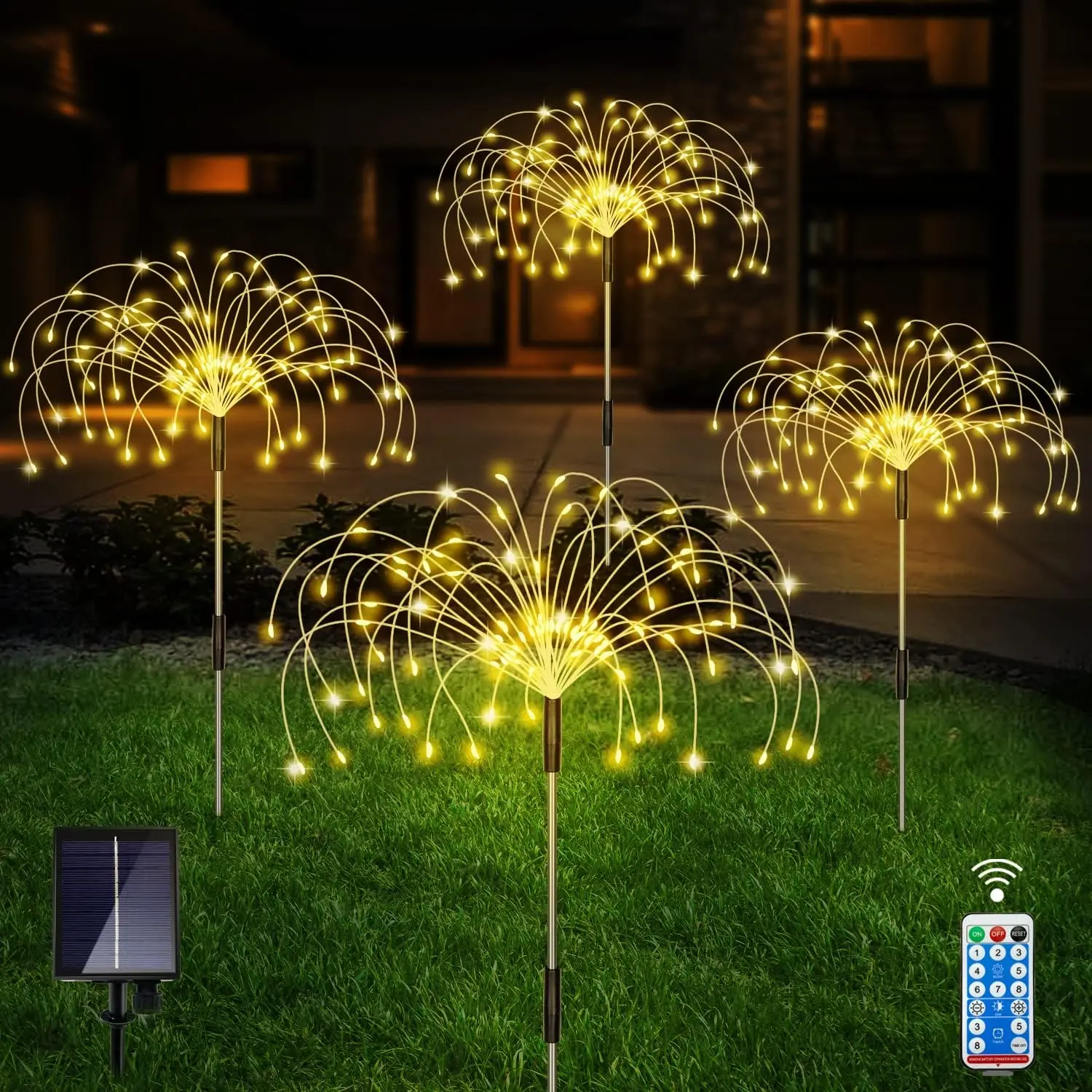 Chunting 4-Pack Portable Solar Outdoor Starburst String Lights - 120 LED, 8 Modes, Remote Control, Cordless Weatherproof Solar Panel Charging, All Colorful Pathway Lighting for Wedding, Backyard Party (Warm White)