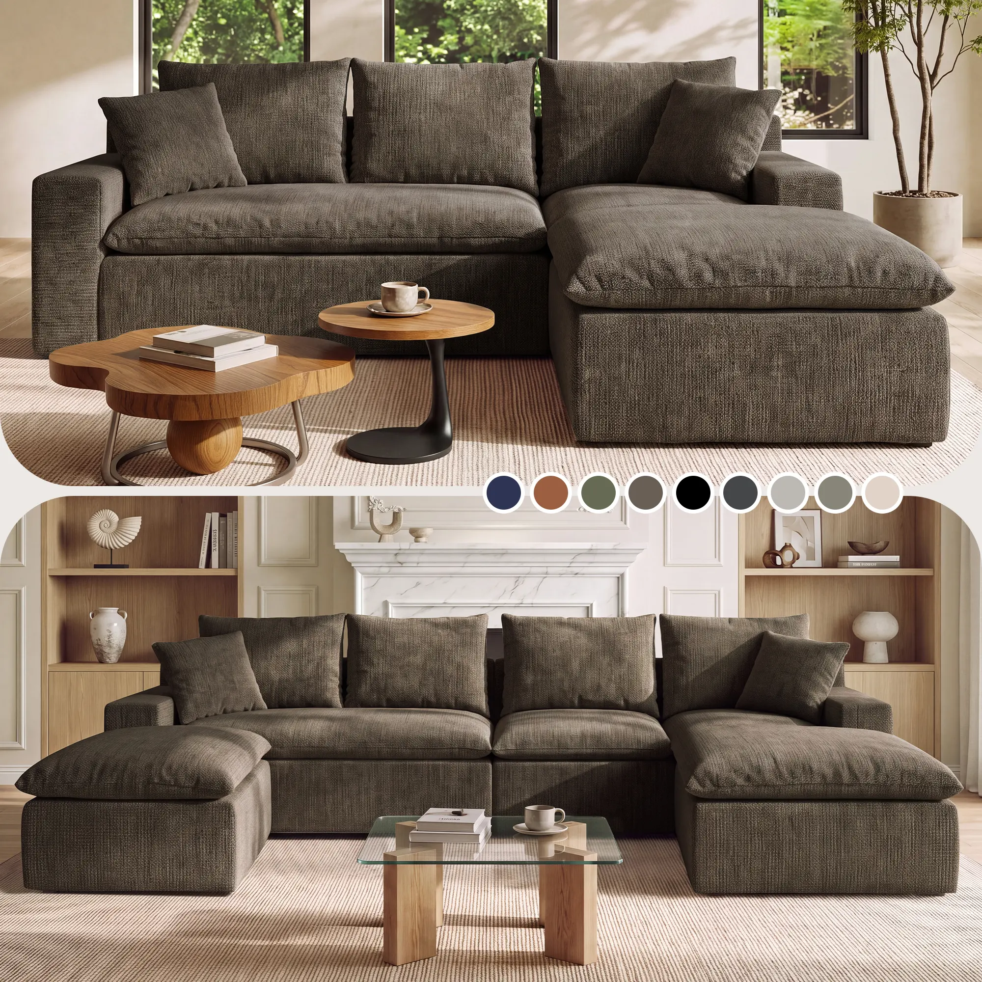 【2 Packages Shipping】118"&92.5" Cloud modular couch Chenille fabric boneless sectional couch Deep seat couch for living room 0113CF