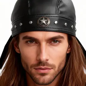 Leather Bandana Pirate Cap Pentagram Headwraps Doo Rag Star Studded Adjustable Ties Motorcycle Biker Streetwear Men